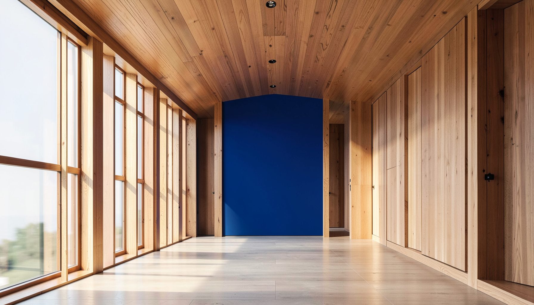 Interior lluminós amb grans finestrals, tons càlids de fusta natural, arquitectura neta i simètrica